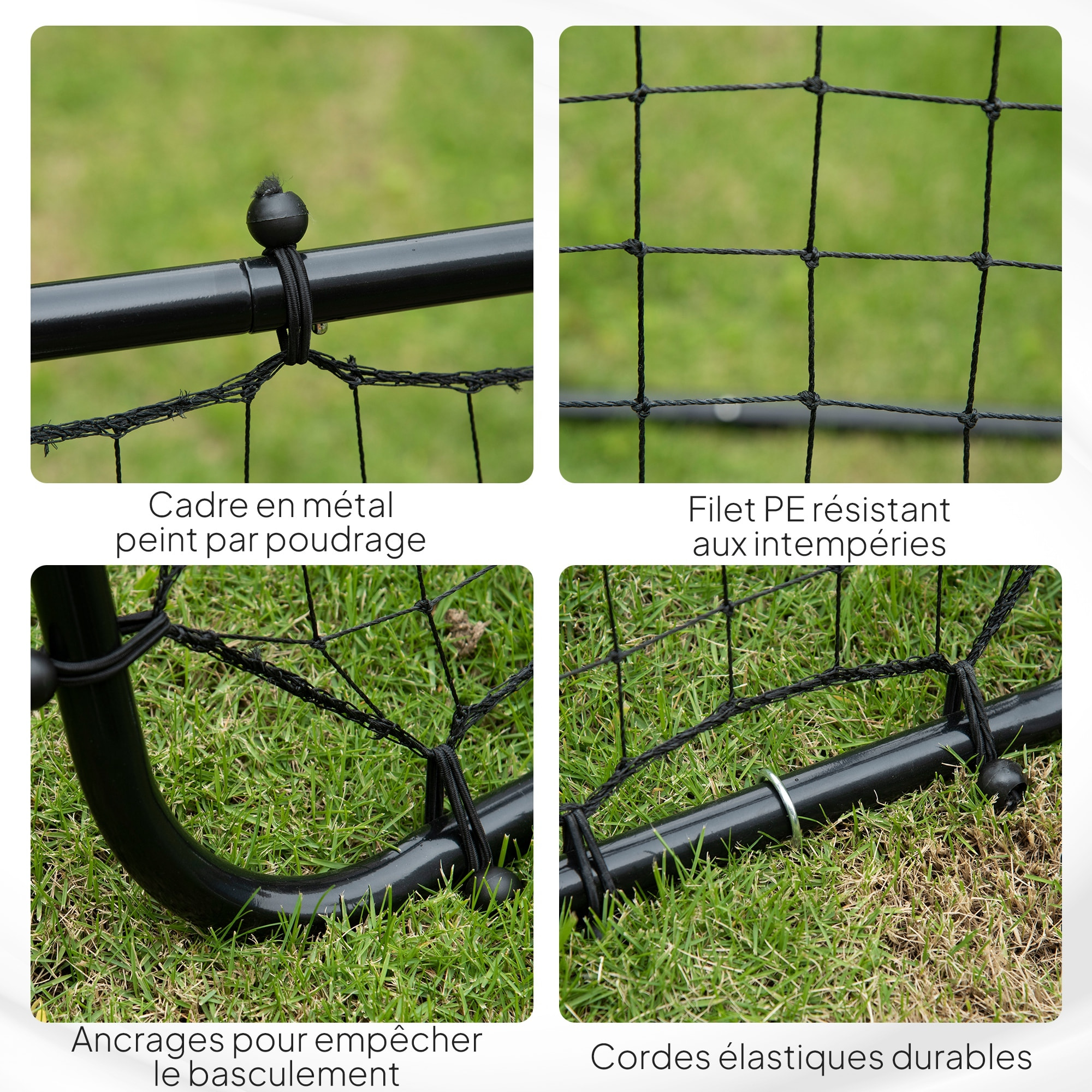 Filet de rebond pliable inclinaison réglable - piquets d'ancrage inclus - filet PE noir métal époxy noir
