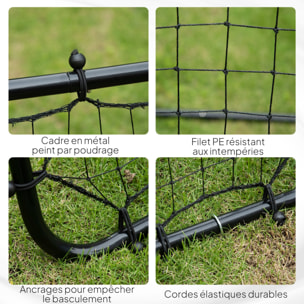Filet de rebond pliable inclinaison réglable - piquets d'ancrage inclus - filet PE noir métal époxy noir