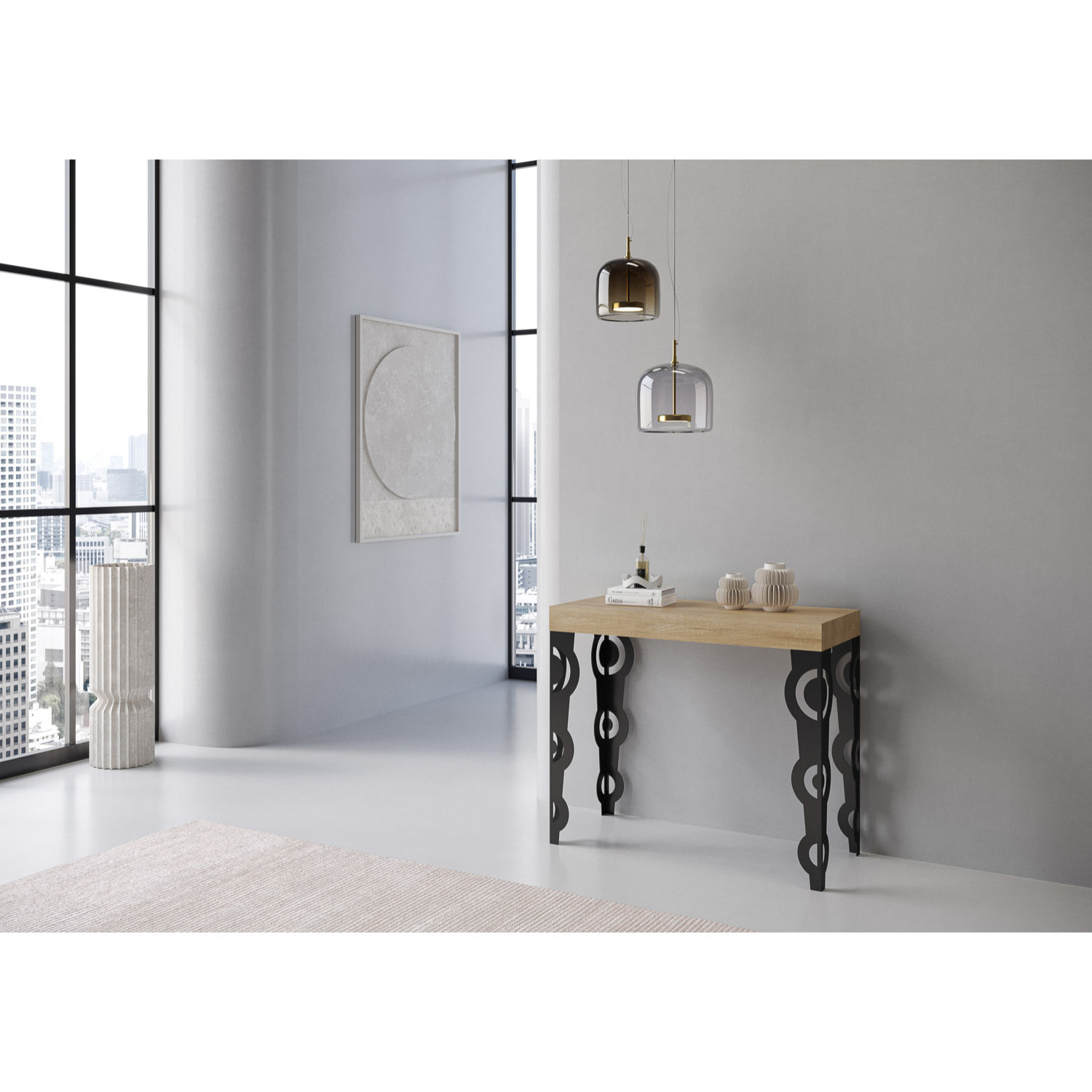 Consolle allungabile 90x40/196 cm Karamay Small Quercia Natura telaio Antracite.