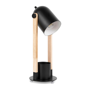 Forlight - Lámpara de Escritorio con Diseño Elegante y Funcional, Flexo E27 15W, Acero Negro y Madera Clara, Base con Lapicero, Altura 410 mm, Ideal para Oficina y Estudio