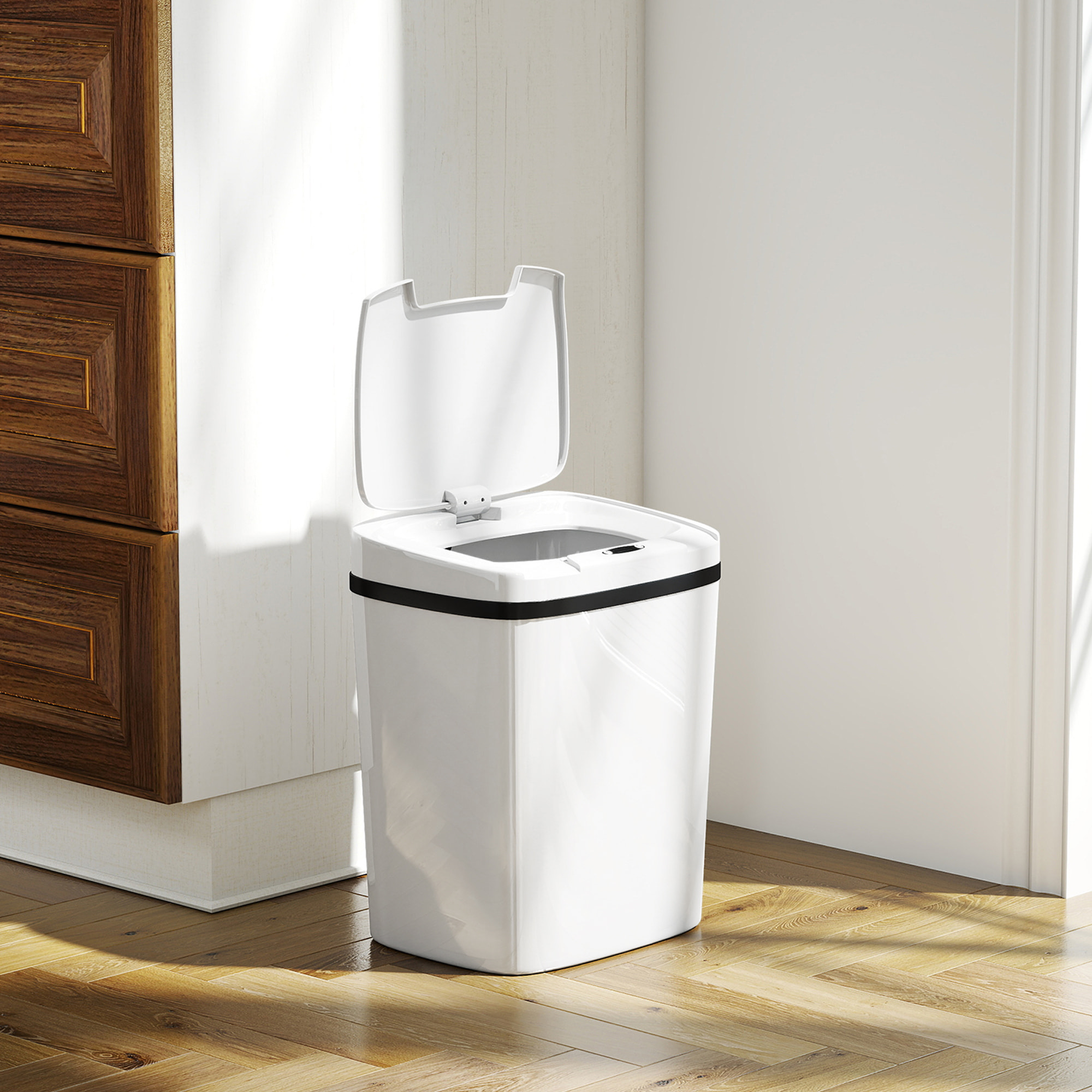 Cubo de Basura Cocina Automático 15 L, Papelera de Cocina con Sensor Infrarrojo y Modo Manual, Anillo de Retención, Antihuellas, para Oficina, Hogar, Blanco