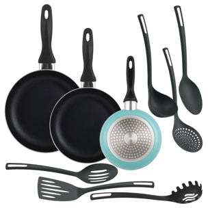 set de 3 sartenes ø16ø20ø24cm de aluminio prensado en azul mate + 6 utensilios de cocina en pbt color negro