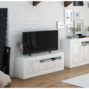 Mobile porta TV Killeen, Credenza per televisione da soggiorno, Supporto TV a 2 ante, cm 139x42h53, Rovere e Bianco