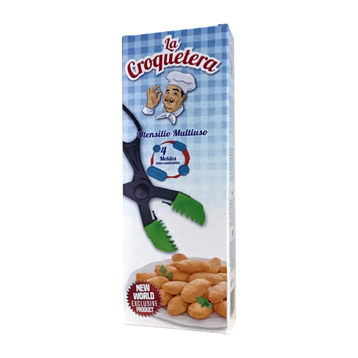 Utensilio multiuso con 4 moldes intercambiables , para croquetas, albóndigas, bolas, sushi, en color azul de plástico - La croquetera: patentado y fab
