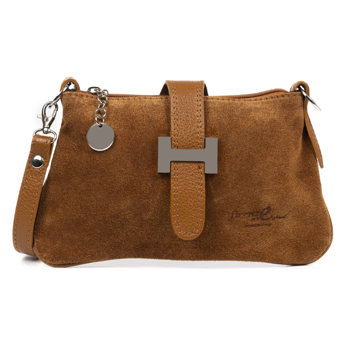 FIRENZE ARTEGIANI Borsa a Mano da Donna Allerona. Vera Pelle Dollaro Camoscio Made in Italy 24x2x14 Cm. colore marrone