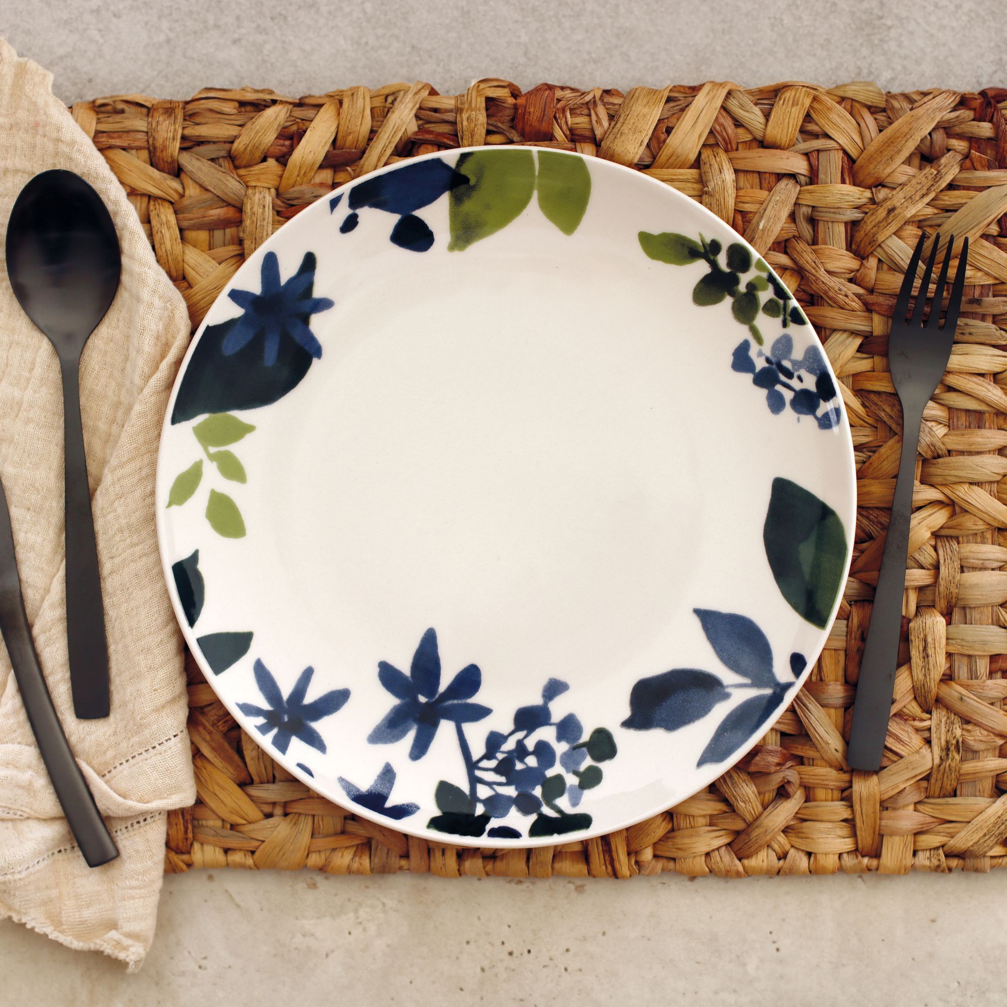 Lot de 6 assiettes plates en grès 26cm motif fleuri bleu BLEUET