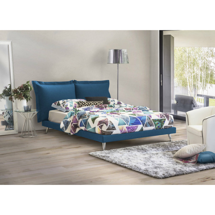 Letto matrimoniale Anatoly, Letto fisso in tessuto con piedini, 100% Made in Italy, adatto per materasso 160x190 cm, Blu