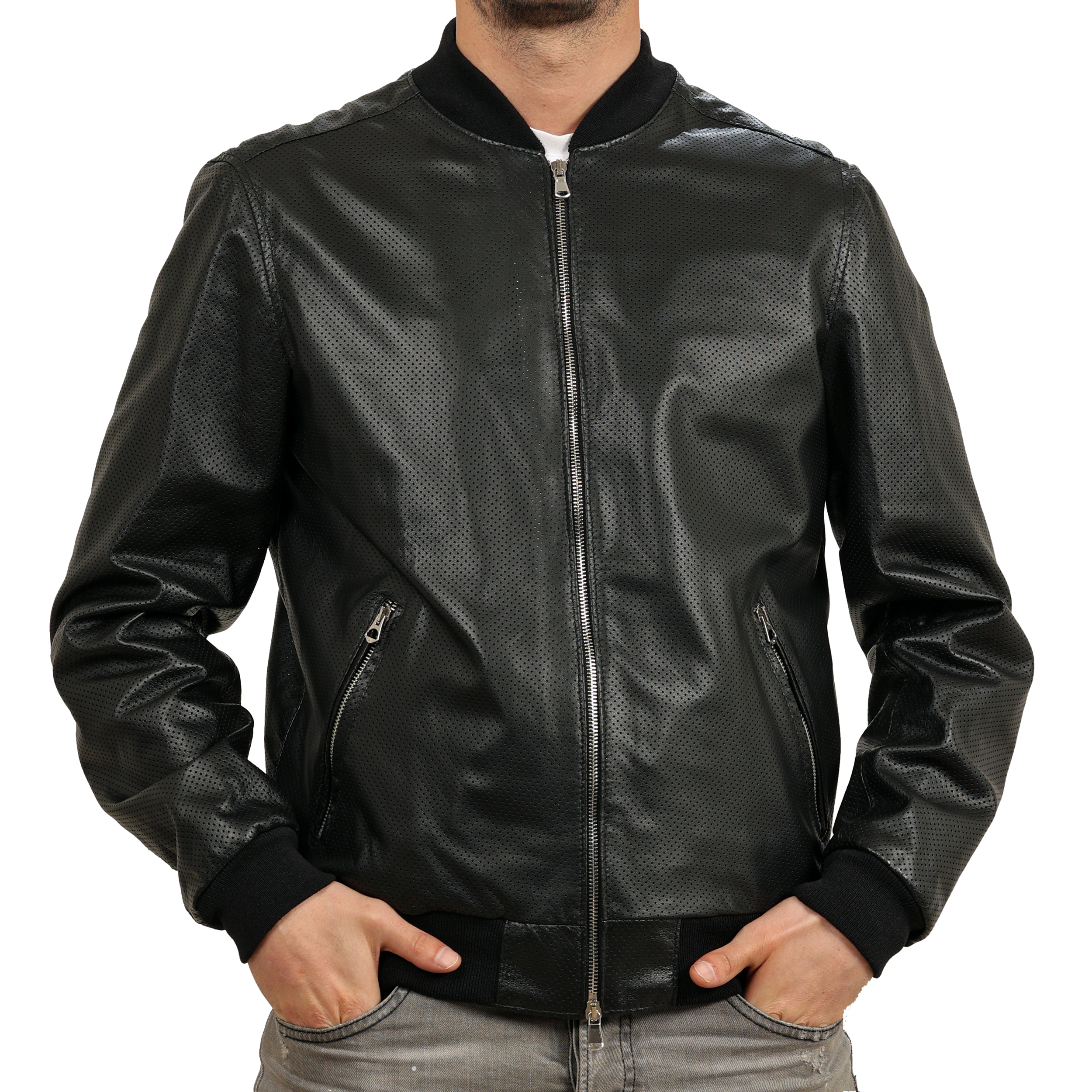 Bomber in pelle di vitello traforato Nero-Slim Fit