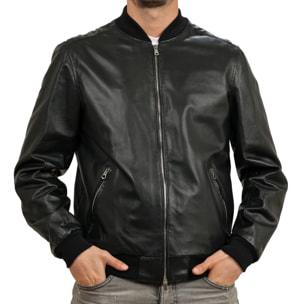 Bomber in pelle di vitello traforato Nero-Slim Fit