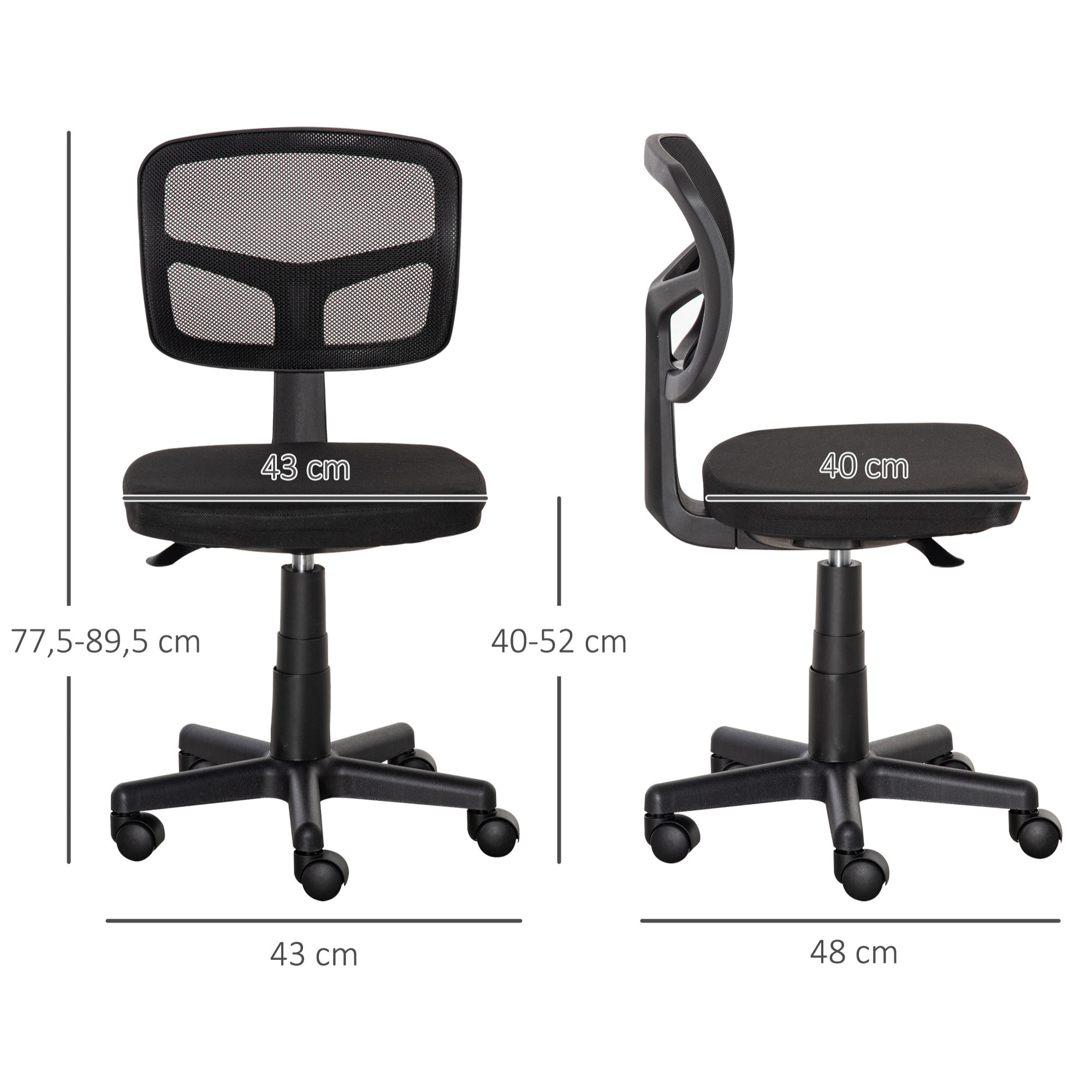 Vinsetto Silla de Oficina Ergonómica de Malla Silla de Escritorio Giratoria 360° con Altura Ajustable Soporte Lumbar Transpirable y Ruedas 43x48x77,5-89,5 cm Negro