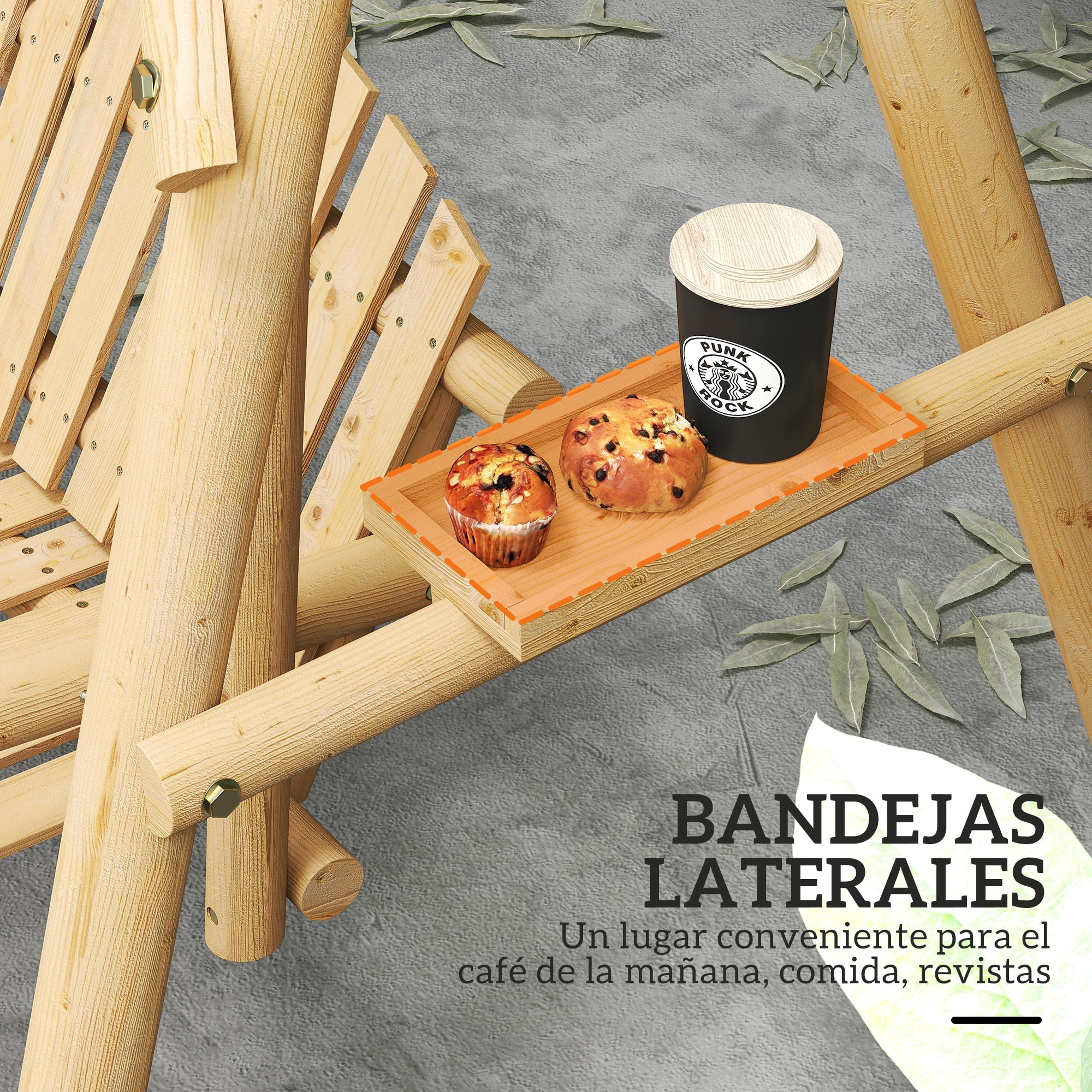 Banco Columpio de Jardín de Madera de 2 Plazas Balancín de Jardín Exterior con Bandejas Laterales Reposabrazos y Estructura en A para Patio Porche Carga 240 kg 200x135x175 cm Natural