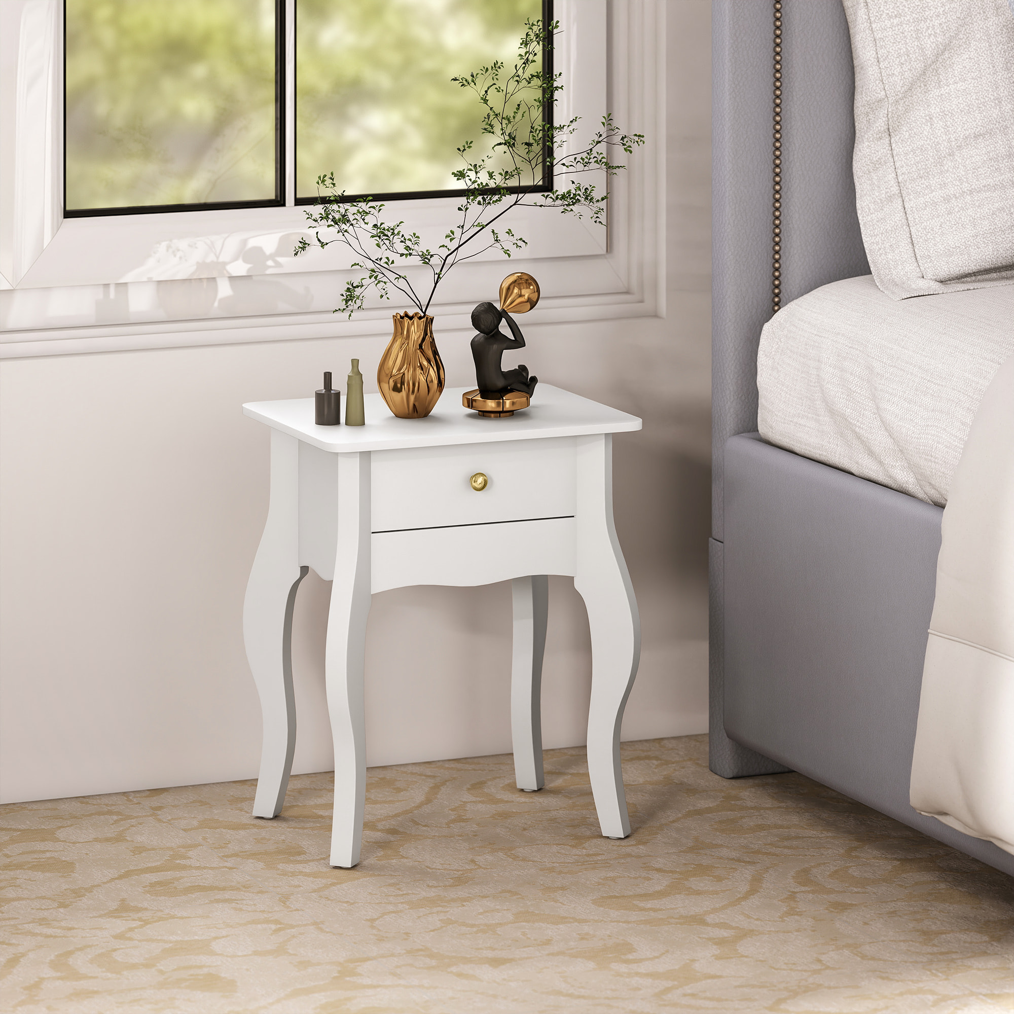 Lot de 2 tables d'appoint, bout de canapé avec pieds courbés, tiroir et plateau spacieux, table basse pour salon, chambre, 45 x 35 x 55 cm, blanc