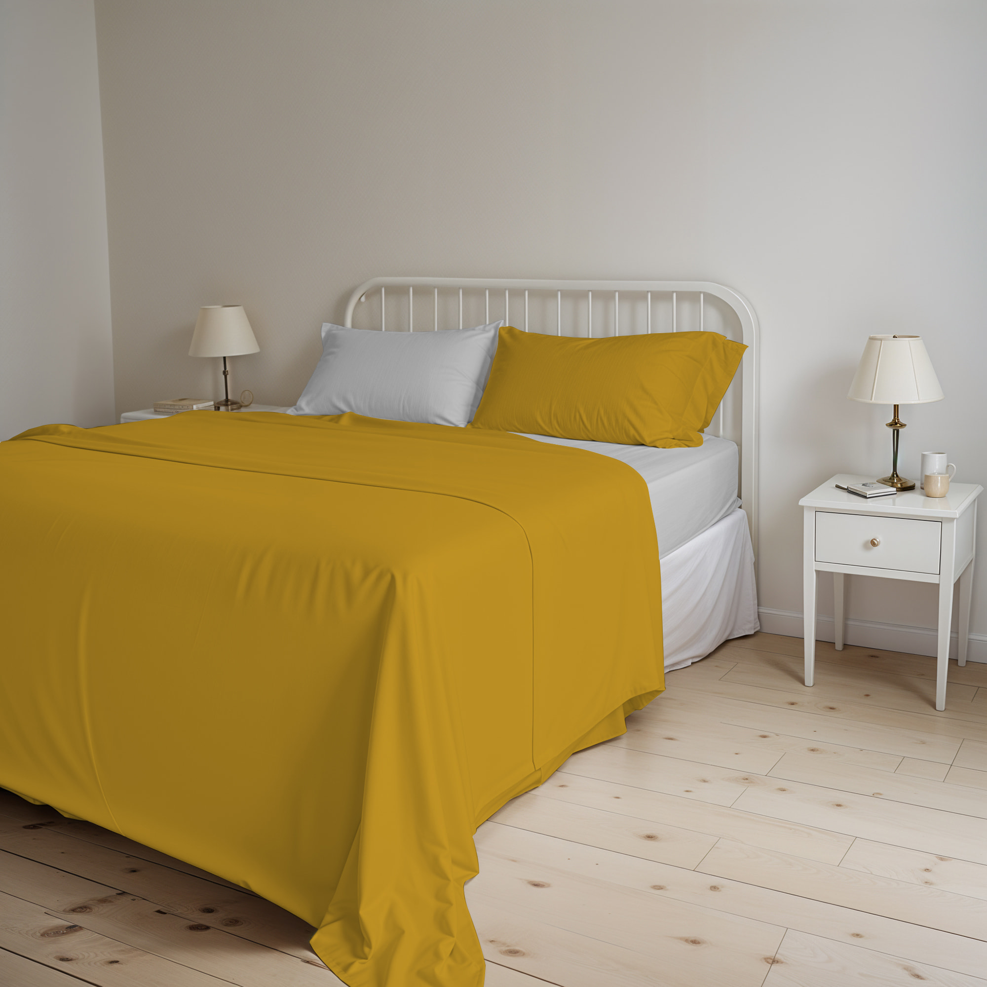 COMPLETO LETTO NATURAL COLOR, 100% Cotone, Made in Italy - SENAPE/GRIGIO CHIARO