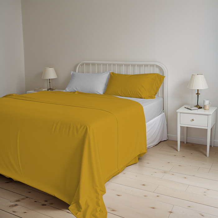COMPLETO LETTO NATURAL COLOR, 100% Cotone, Made in Italy - SENAPE/GRIGIO CHIARO