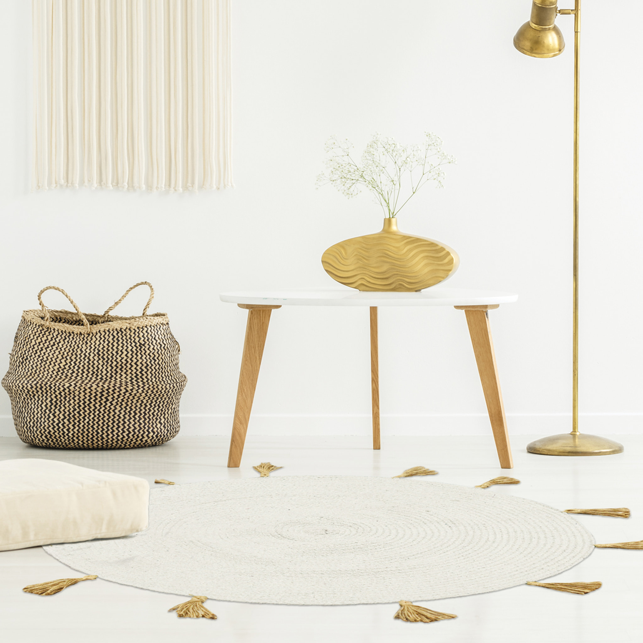 Tapis Rond Coton Pompon Beige 90cm