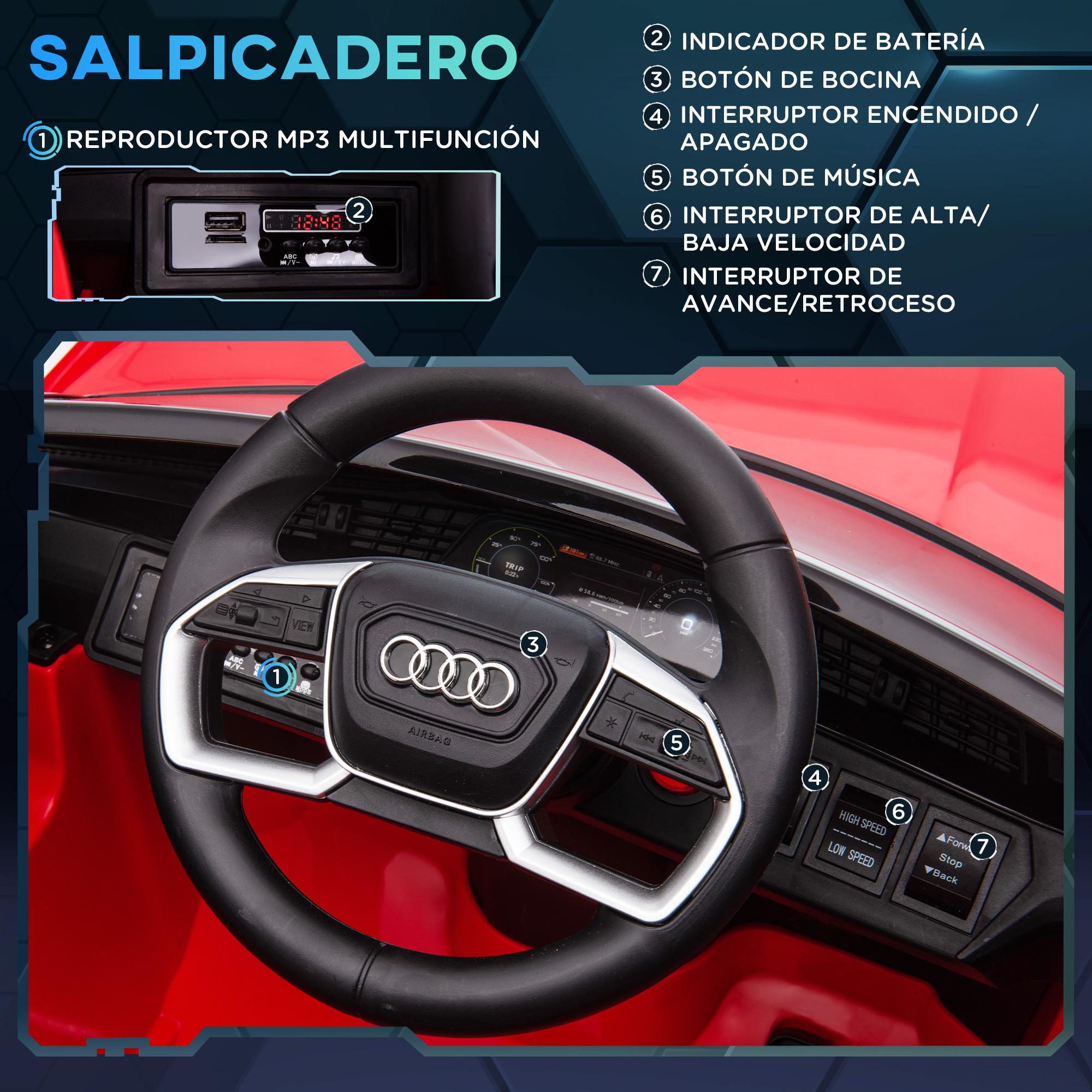 CocheEléctricoAudiE-tron12VparaNiñosde+3AñosconMandoaDistanciaFarosBocinaMúsicaMP3TFUSByAperturadePuerta3-5km/h108x60x47cmRojo