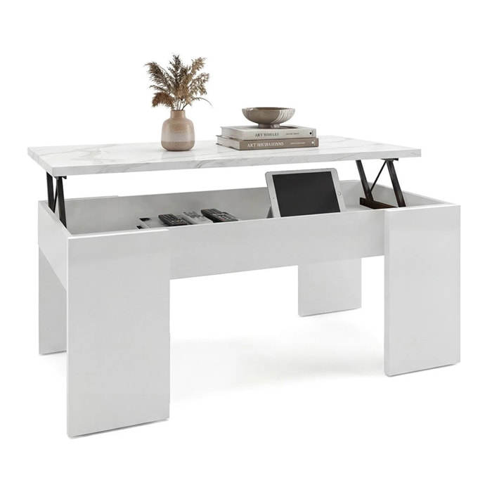Mesa de centro elevable con almacenaje en blanco artik y efecto mármol blanco mate 100x45-56 cm Vita Blanco Artik (Blanco Mate) - Mármol Blanco Mate