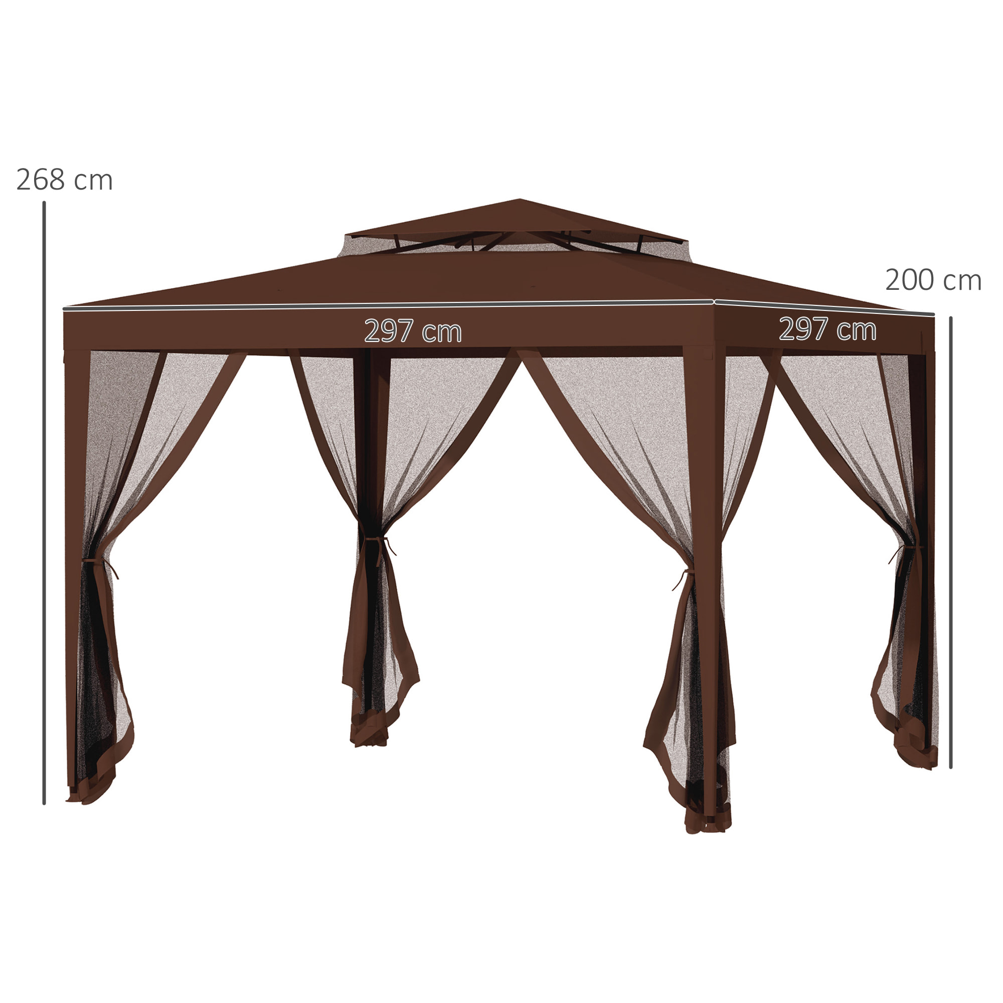 Carpa de Jardín 3x3 m Cenador Desmontable de Exterior Gazebo con 4 Mosquiteras Laterales Techo Doble y Marco Metálico Anti-UV Impermeable Pabellón para Terraza Patio Marrón