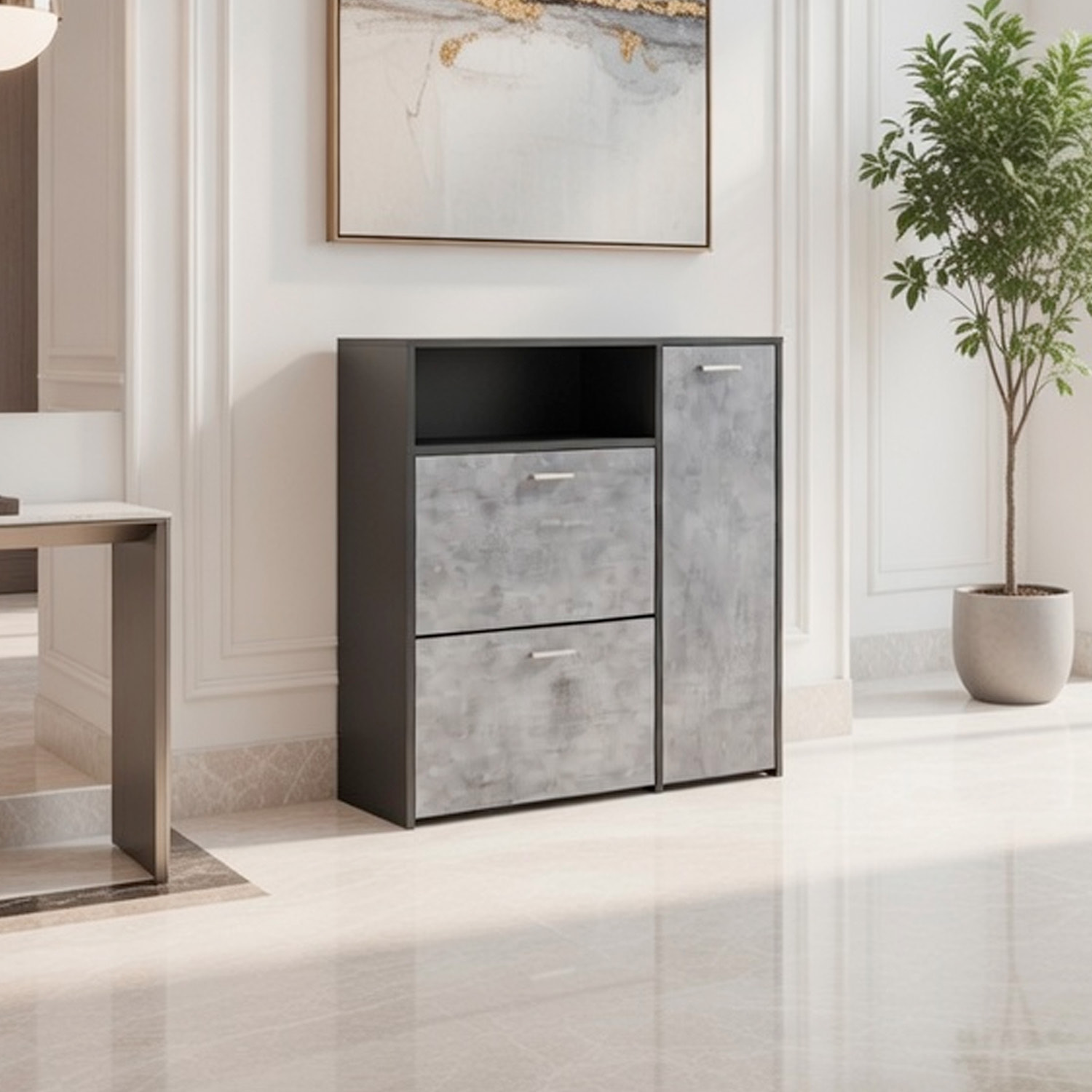 Scarpiera Mobile Portascarpe Salvaspazio Ingresso Con 2 Ribalte Doppia Profondità 4 Vani A Giorno Design Moderno 91.5x94x26.6 Cm Grigio E Cemento