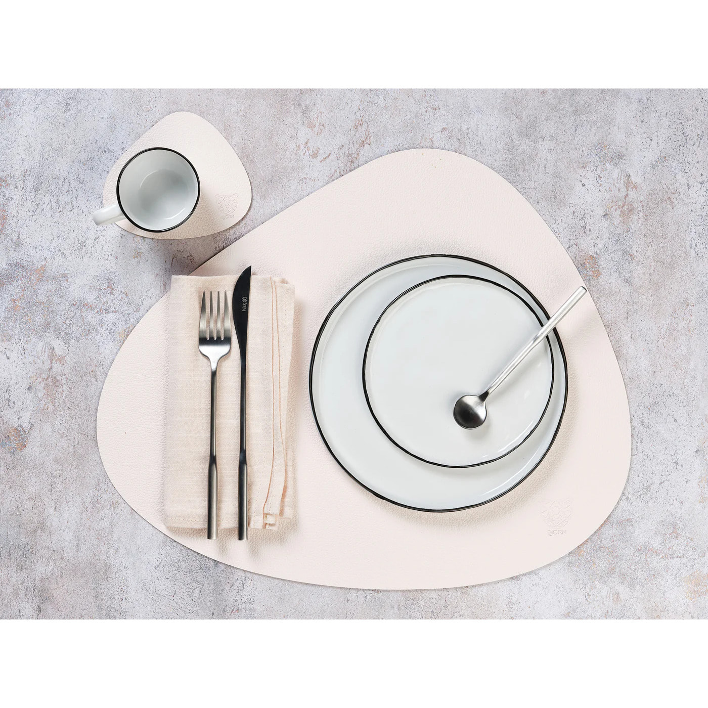 Sous-verre curve réversible - 6 pièces - Cuir recyclé blanc crème et vert de gris