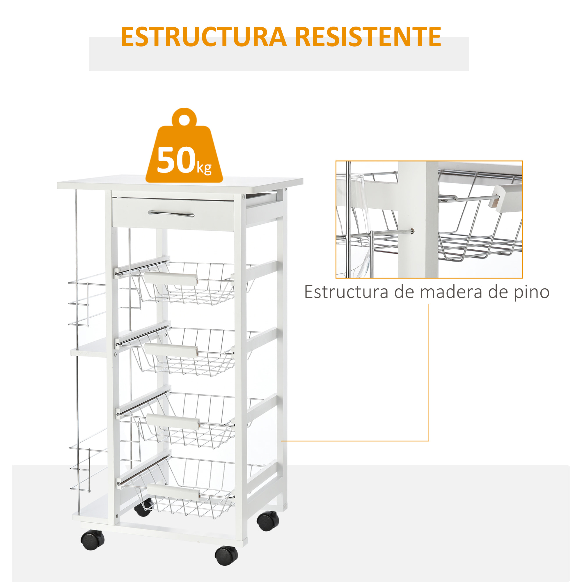 Carrito de Cocina con Cestas Extraíbles 47x37x83cm Blanco