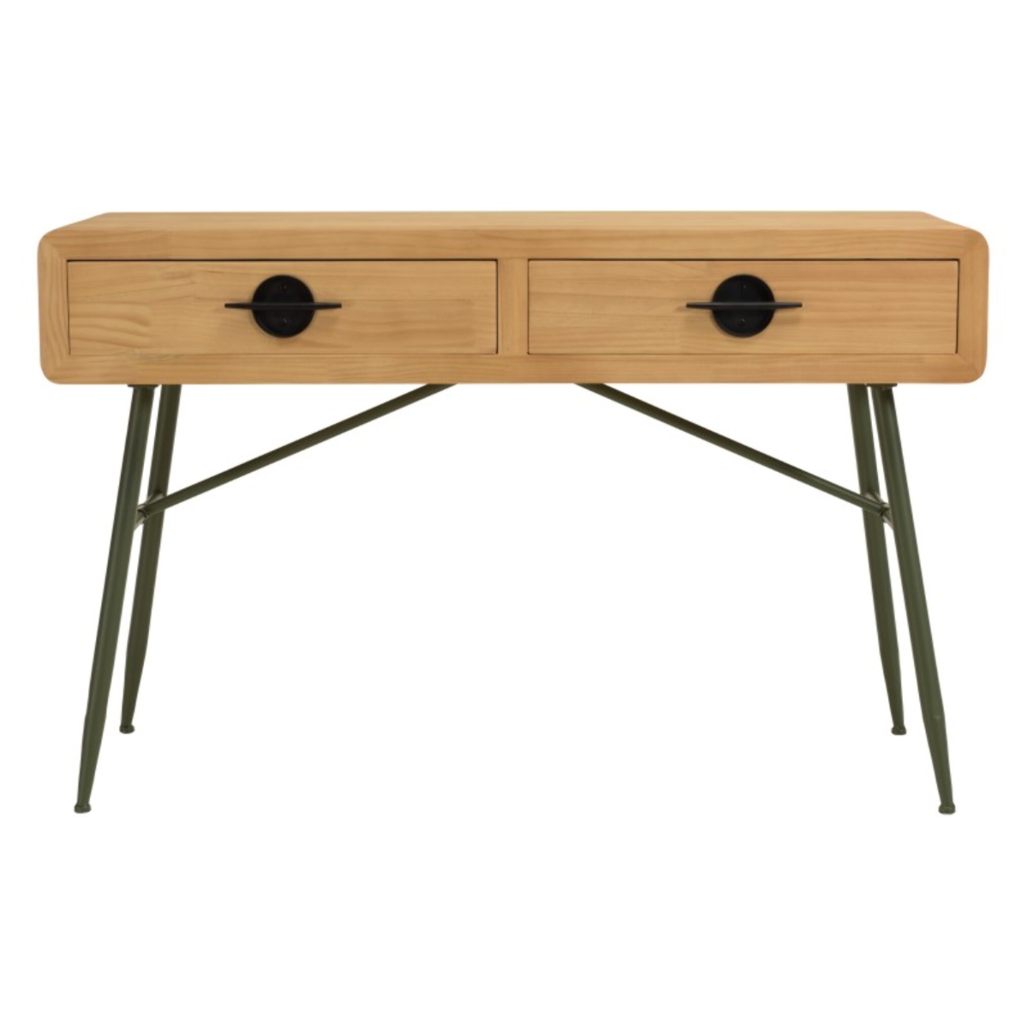 HELENA - Console 2 tiroirs en pin couleur naturelle et pieds métal vert