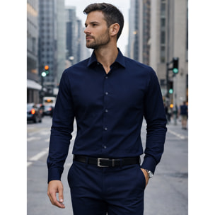 Camicia Uomo 1 Bottone Italiano Slim Satin Unito Blu