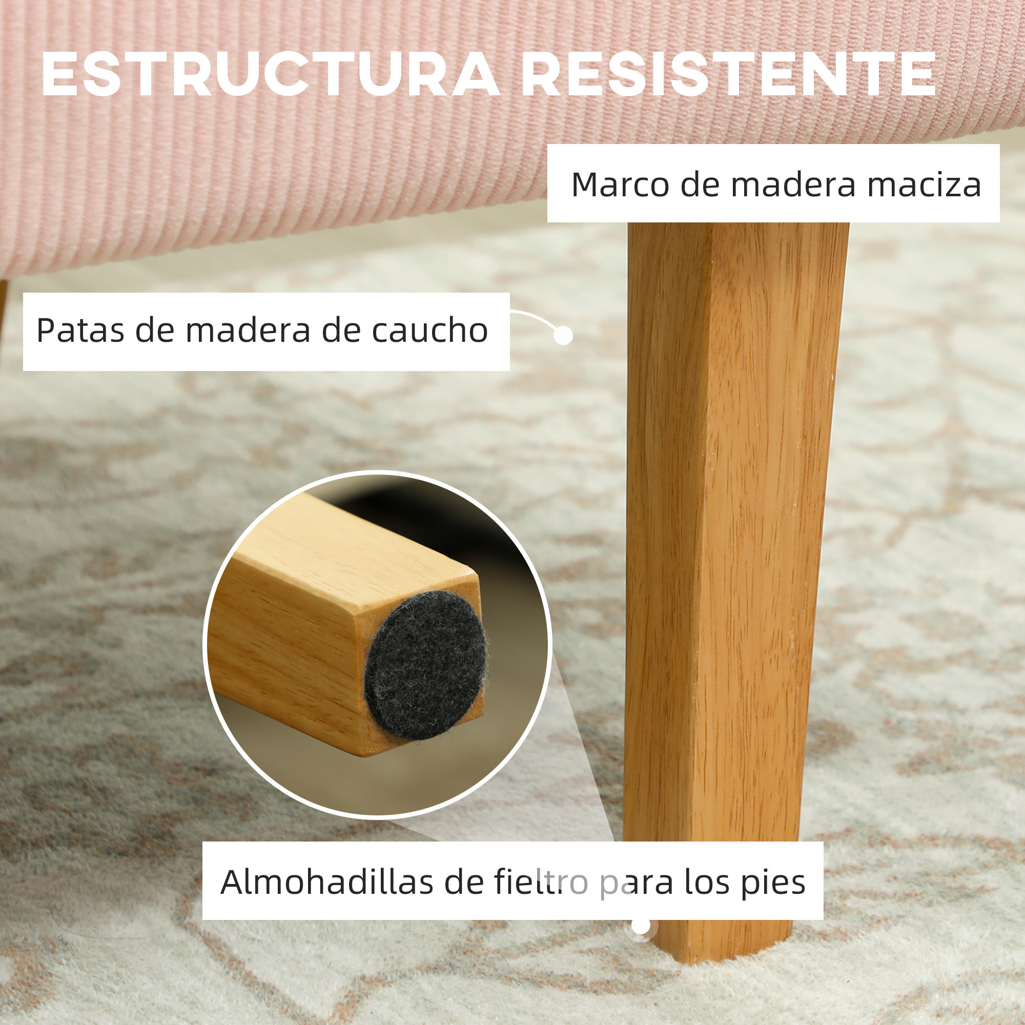 Sofá de 2 Plazas Tapizado en Pana Sofá de Salón sin Brazos con 2 Puertos USB 1 Puerto Tipo-C y Patas de Madera Sofá Pequeño Carga 240 kg 110x60x85 cm Rosa