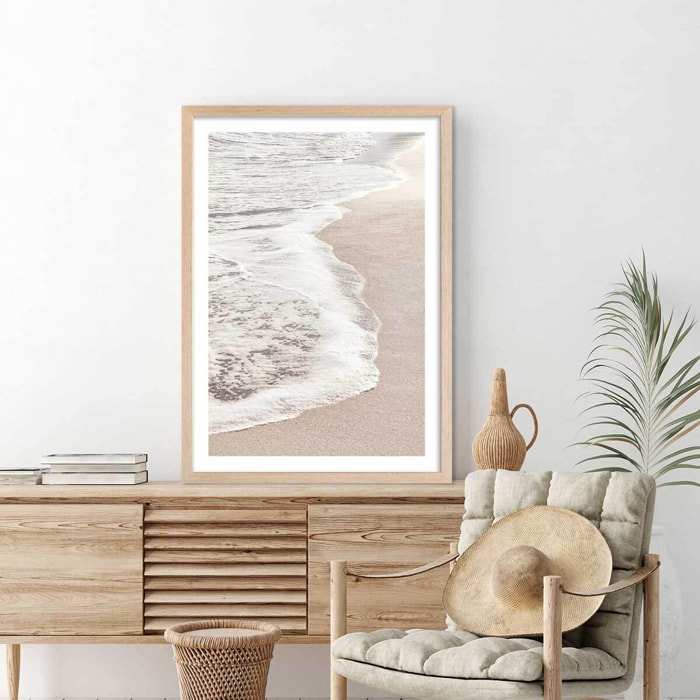 Poster rivage rose Affiche + cadre en bois - Chêne