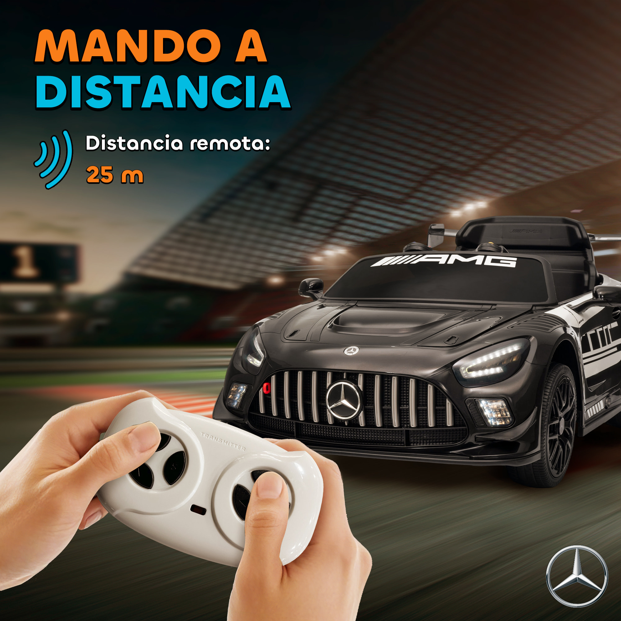 Coche Eléctrico para Niños, Mercedes-AMG GT3 Evo, Coche de Batería 12V, con Mando a Distancia 2,4 G, Motor Doble, Ruedas Auxiliares, Asa de Arrastre, Música Inalámbrica, Faros, Negro