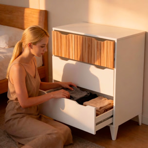 Cassettiera Stile Nordico Con 3 Cassetti Mobile Per Camera Da Letto Con Gambe Rialzate Mobile Design Scandinavo 70.5 x 76 x 40 Cm Bianco E Rovere