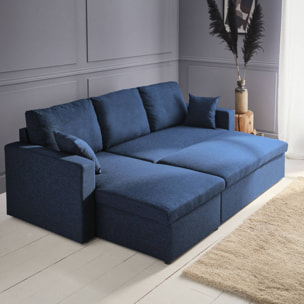 Canapé d'angle convertible en tissu bleu - IDA - 3 places. fauteuil d'angle réversible coffre rangement lit modulable