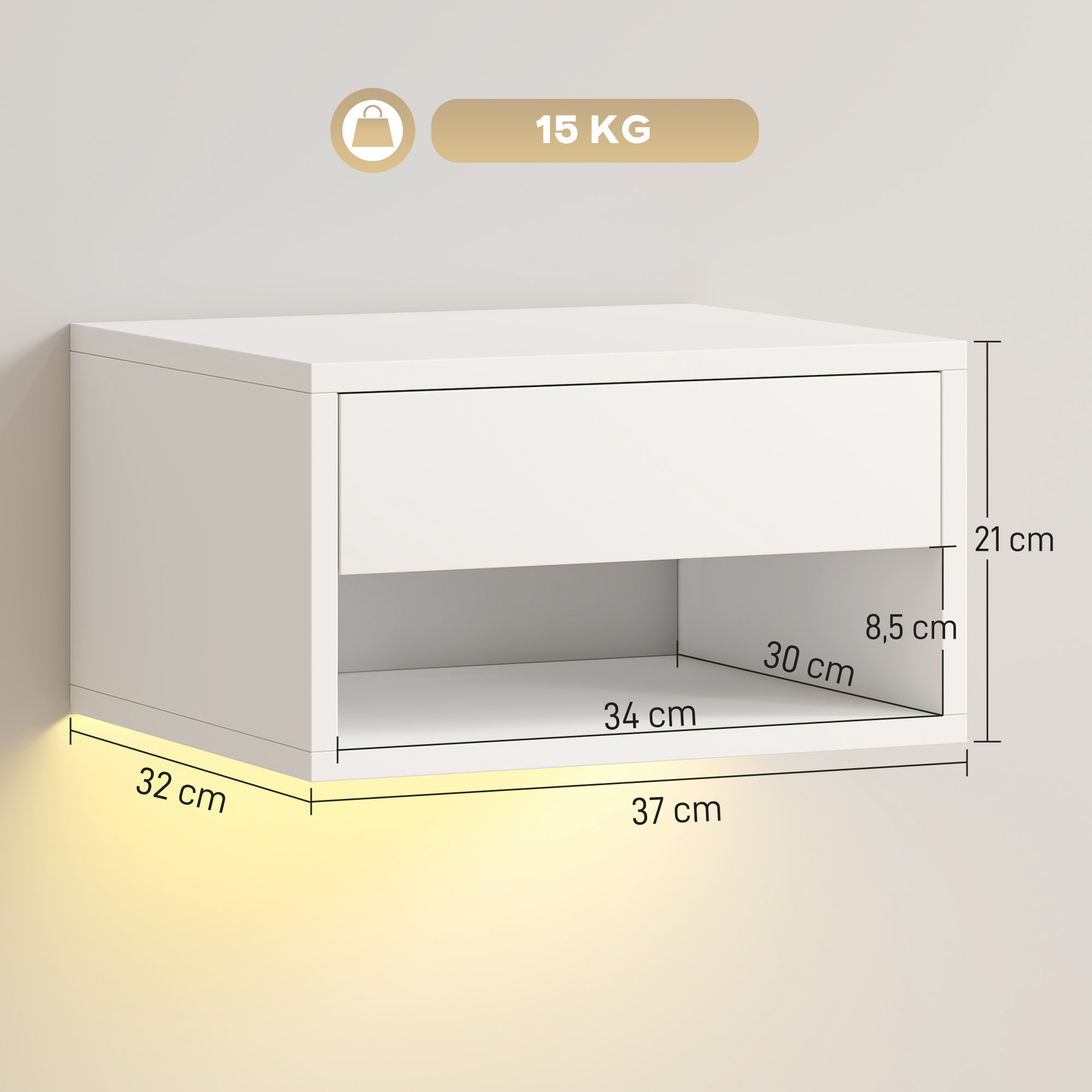 Juego de 2 Mesitas de Noche Flotantes con Luces LED RGB Control de APP, Mesillas de Noche Dormitorio con Cajón, Estante Abierto, para Sala de Estar, 37x32x21 cm, Blanco