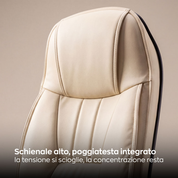 Yūto - Sedia Da Ufficio Ergonomica 50x131x47 cm Poltrona Direzionale Comoda con Ruote Girevoli in Similpelle Crema