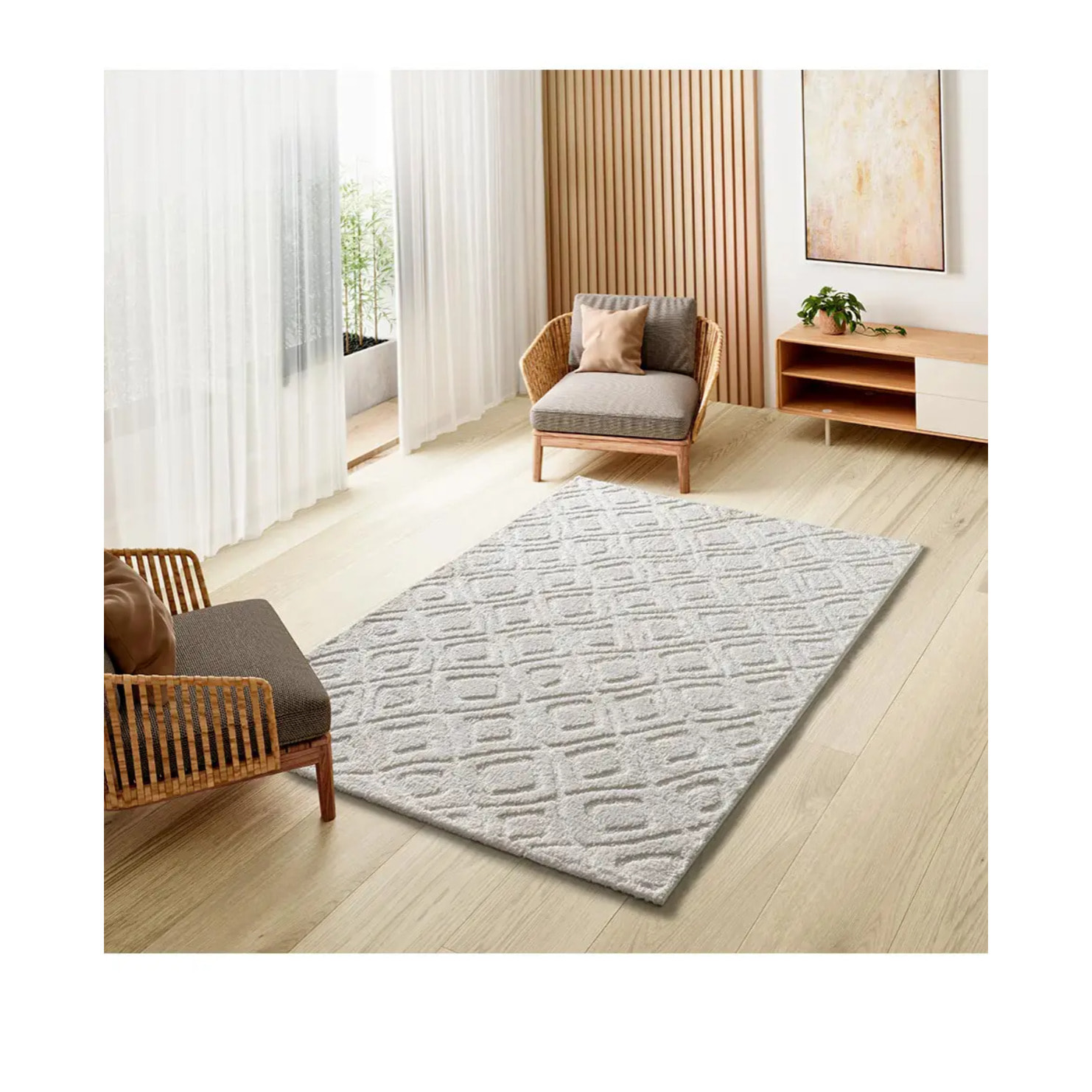 JUNO Alfombra geométrica con relieve blanco, varias medidas disponibles.