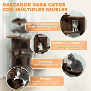 Árbol Rascador para Gatos, Árbol para Gatos 140 cm, Torre Escalador con Múltiples Plataformas, Cama, 2 Cuevas, Hamaca, Escalera, Postes de Sisal, Bolas para Jugar, Marrón