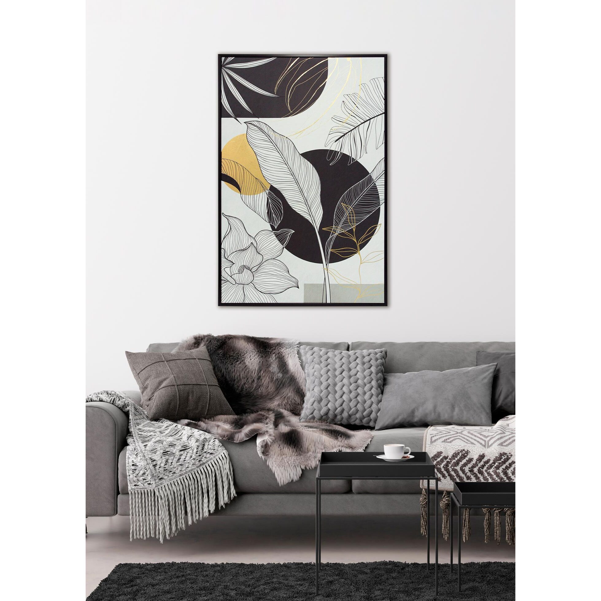 Cuadro Boho poliéster negro-blanco-dorado 92x62x4 cm