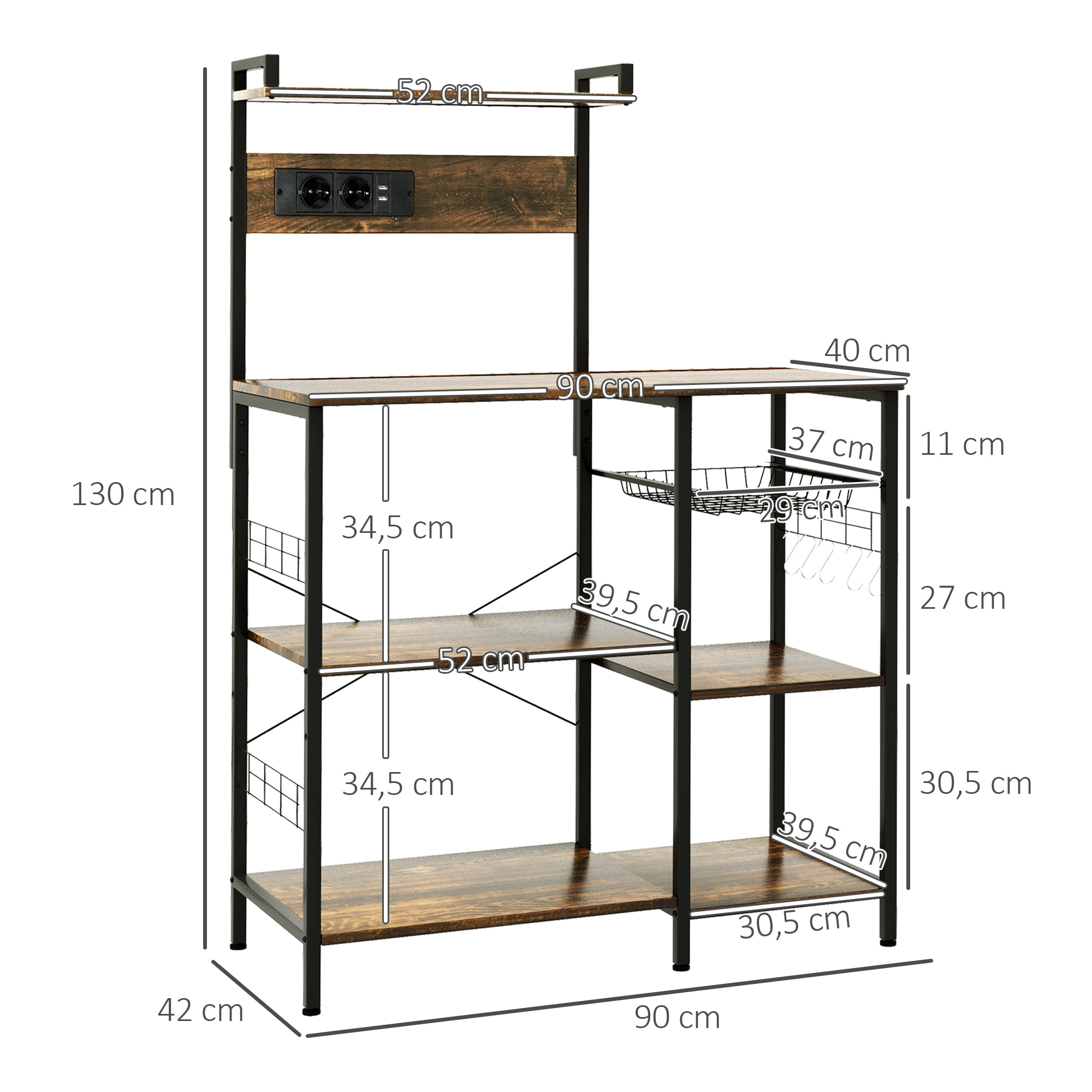 Estante de Cocina Industrial con Cargadores USB Estantería para Microondas con Toma de Corriente Estante Ajustable 5 Ganchos en S y Cesta Extraíble 90x42x130 cm Marrón Rústico