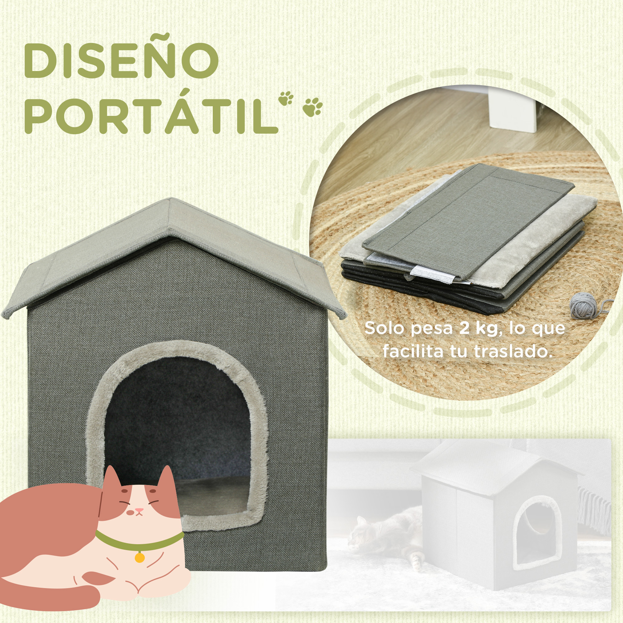 Casa para Gatos Cama para Gatos Cueva para Gatos con 2 Puertas y Cojín Lavable 39x43,5x40,5 cm Gris