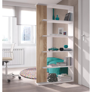 Libreria Columbia, Mobile portalibri bifacciale a 5 ripiani, Scaffale divisorio da ufficio o cameretta, cm 90x25h180, Bianco e Rovere