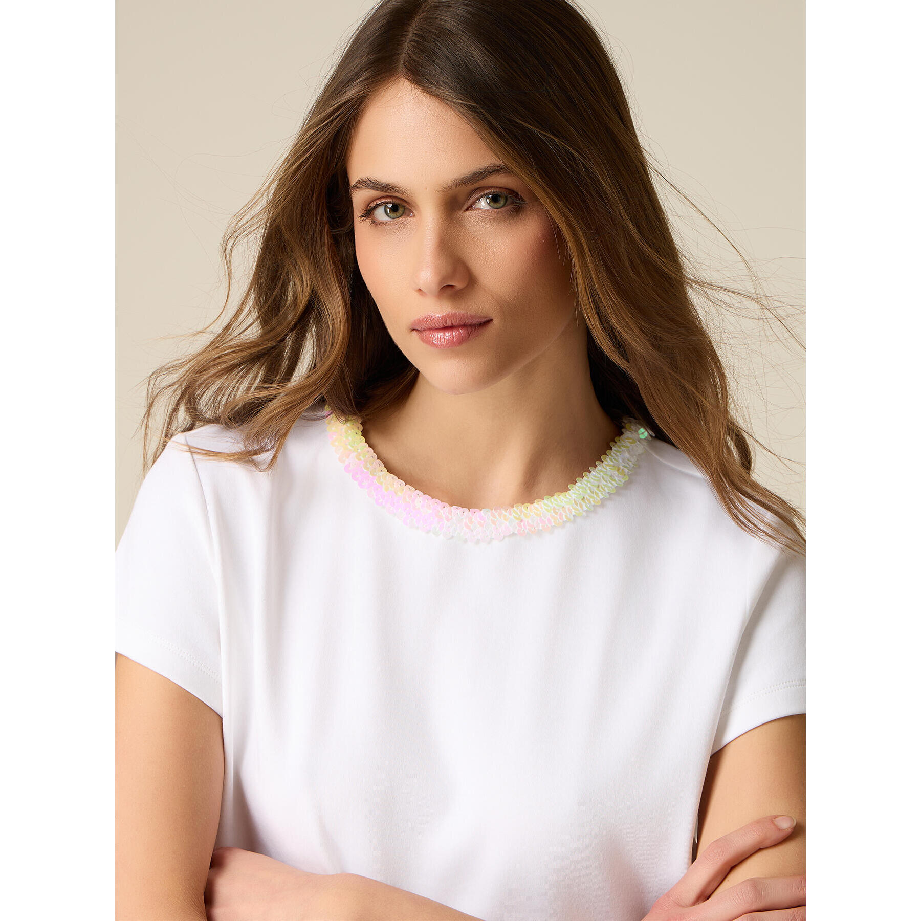 Oltre - Camiseta con detalle de lentejuelas - Blanco