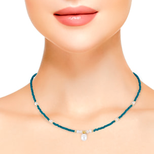 Set de pulsera y collar a juego de fosfato azul y perlas naturales con cierre de mosquetón.