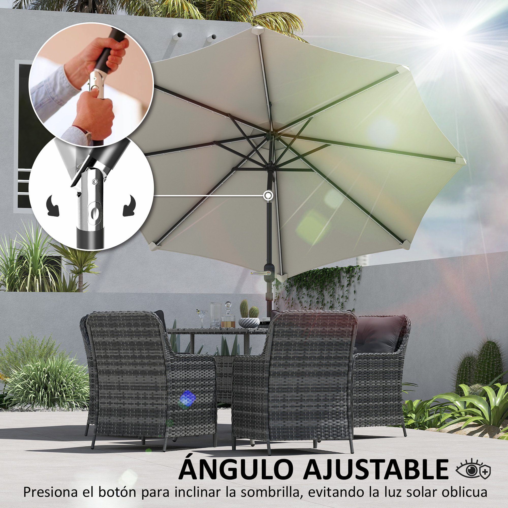 Sombrilla Terraza Exterior con Luces LED Solares Ø292x252 cm Sombrilla de Jardín con Inclinación Ajustable hasta 45° Impermeable y Manivela Parasol para Patio Piscina sin Base Crema