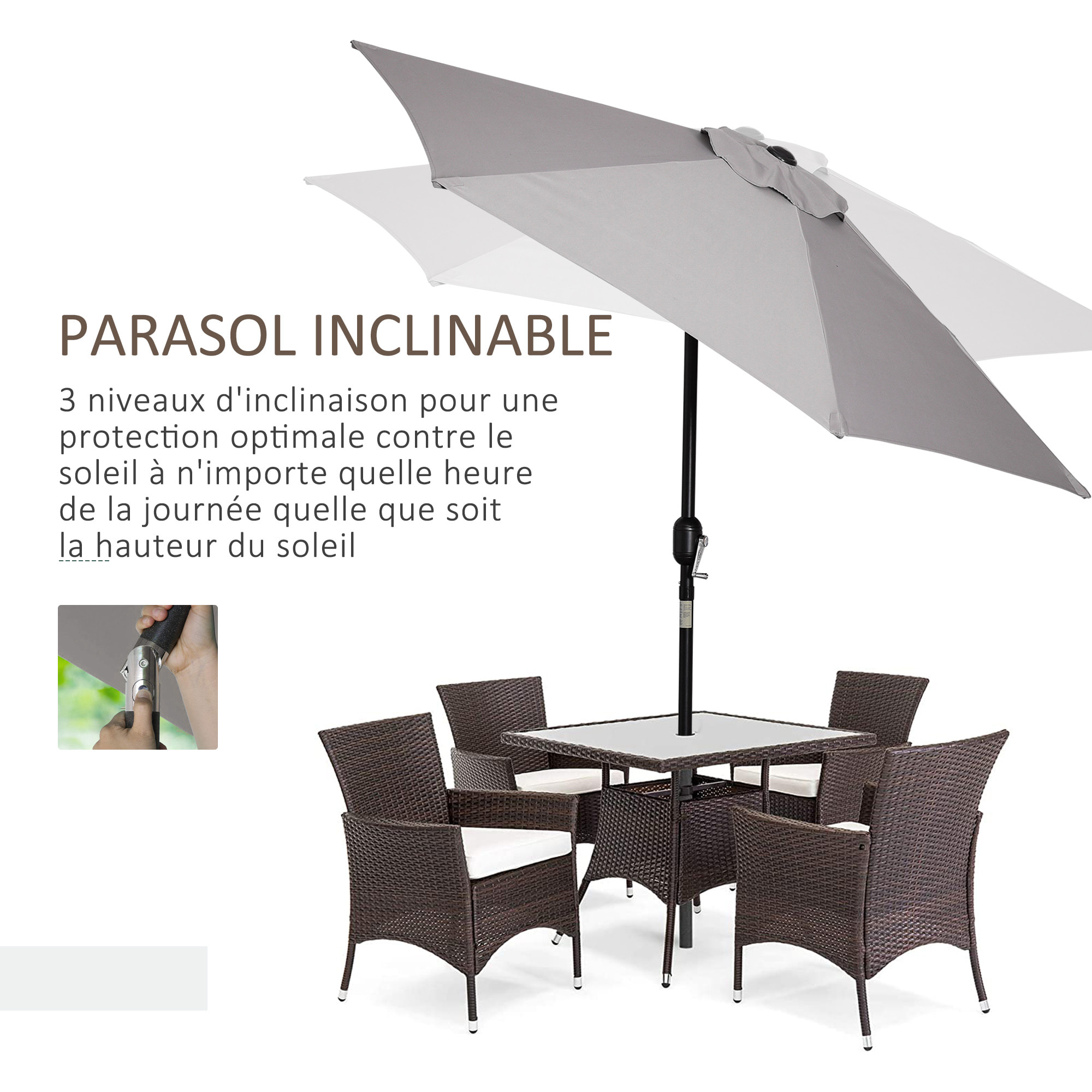 Parasol hexagonal inclinable dim. Ø 2,3 x 2,16H m métal polyester haute densité gris