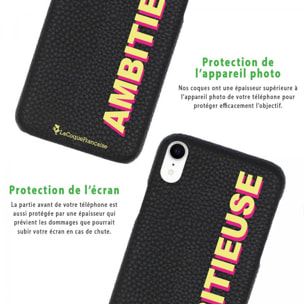 Coque iPhone Xr effet cuir grainé noir Ambitieuse jaune et fushia Design La Coque Francaise