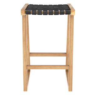 Tabouret pour îlot central 65 cm en teck et cuir tressé noir - Yuma