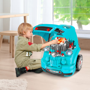 HOMCOM Officina Camion Giocattolo per Bambini 3-5 Anni a 61 Pezzi con Maniglia, in ABS e PP, 40x39x47 cm, Nero e Azzurro