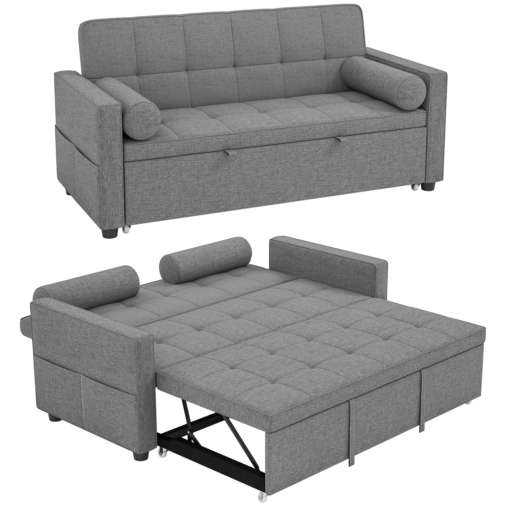 HOMCOM Sofá Cama 2 Plazas 3 en 1, Sofá Cama Deslizantede Tejido Lino con Respaldo Ajustable 6 Niveles, Bolsillos Laterales, 2 Cojines con Fundas Extraíbles para Sala de Estar, Espacios Pequeños, Gris
