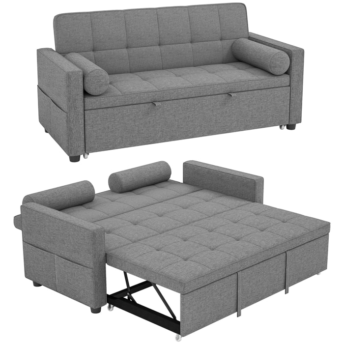 HOMCOM Sofá Cama 2 Plazas 3 en 1, Sofá Cama Deslizantede Tejido Lino con Respaldo Ajustable 6 Niveles, Bolsillos Laterales, 2 Cojines con Fundas Extraíbles para Sala de Estar, Espacios Pequeños, Gris