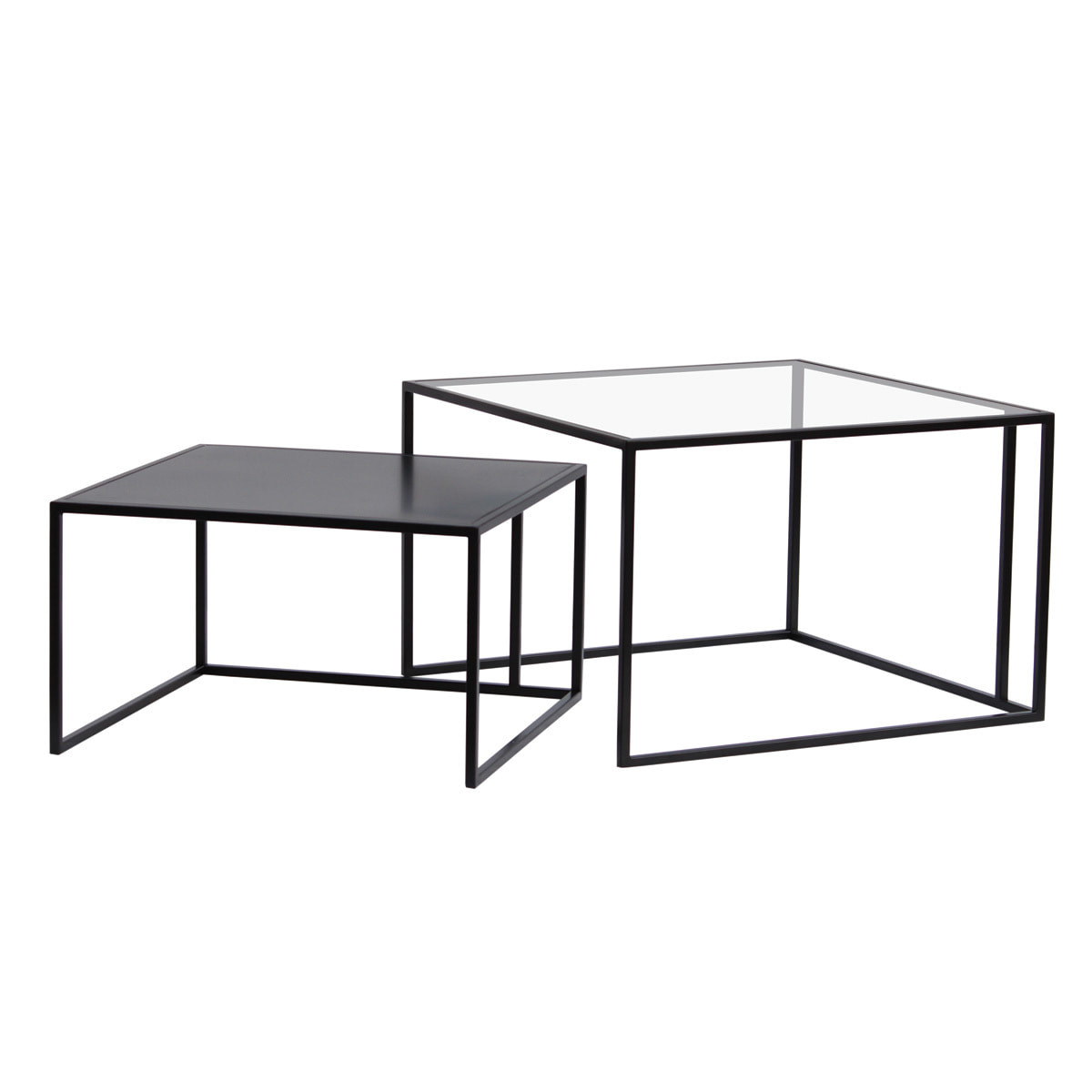 Tables basses gigognes carrées design verre trempé et métal noir (lot de 2) TAHL
